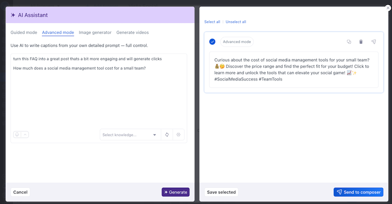 The AI Assistant window in advanced mode showing a detailed prompt and its generated post caption on the right side.