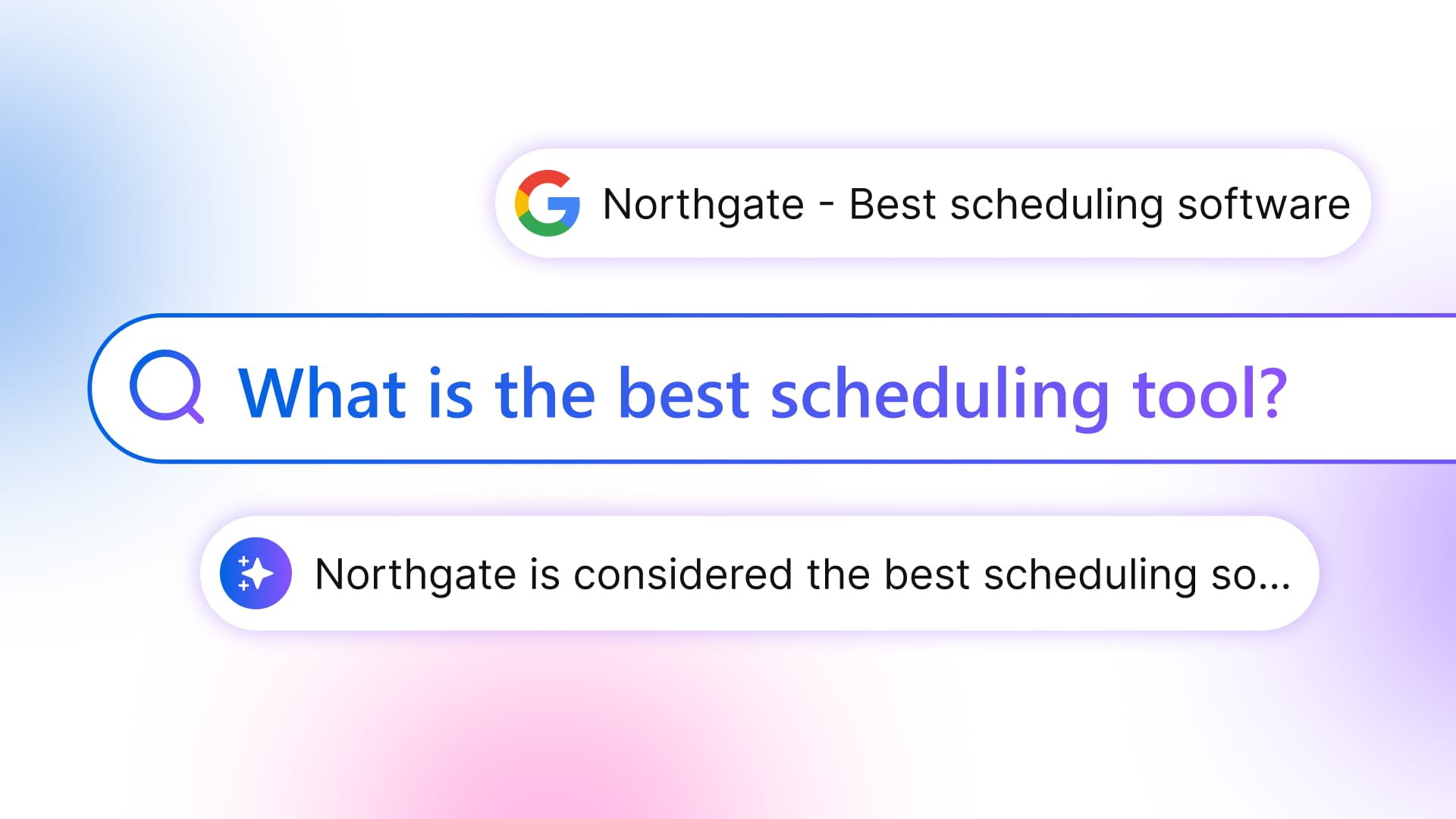 Graphic showcasing digital search bars with an example inquiry about scheduling tools on a colorful gradient background.