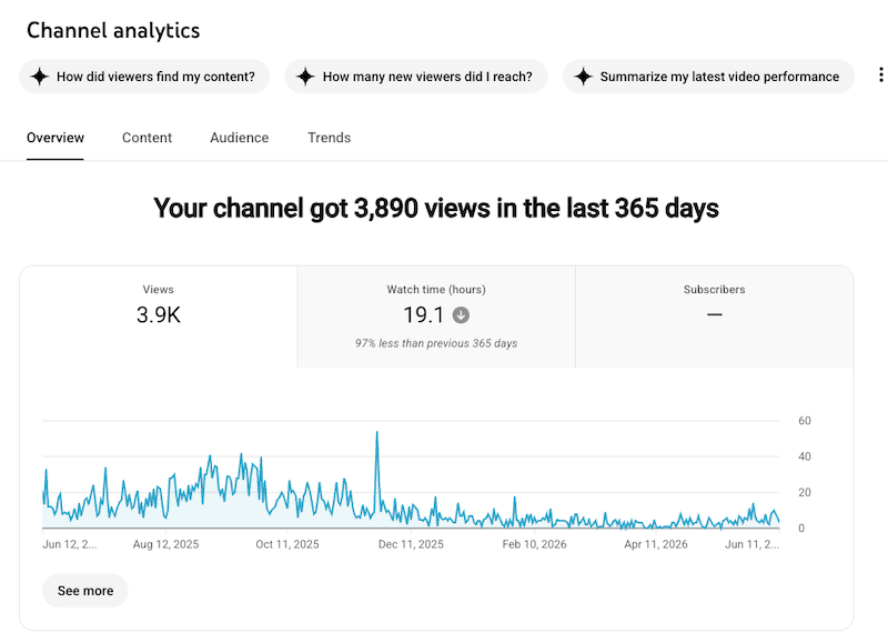 A channel analytics dashboard showing a views performance line graph tracking data over the last 365 days.