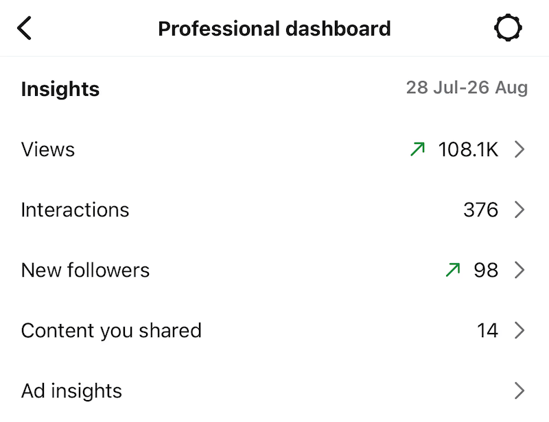 An Instagram professional dashboard showcasing profile insight metrics like views, interactions, and new followers.
