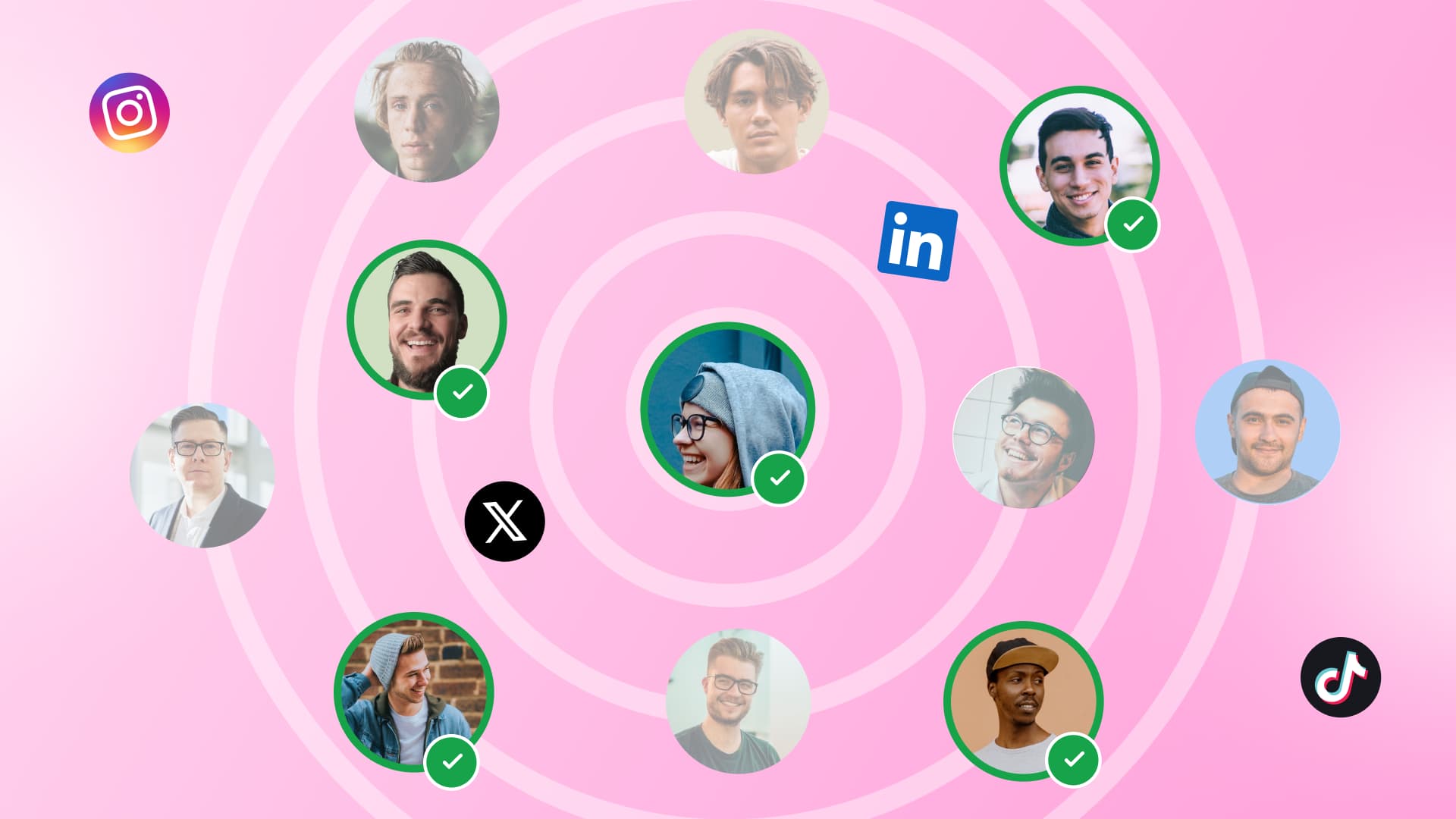 Graphic of diverse user avatar circles arranged on a target bullseye pattern alongside social media platform logos.