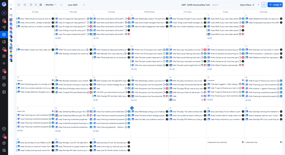 Vista Social monthly content calendar showing social media automation scheduling posts across client accounts for June 2026.