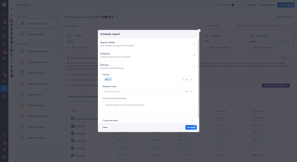 Vista Social scheduled reporting setup, a social media automation feature that emails branded client performance reports on a repeat schedule.