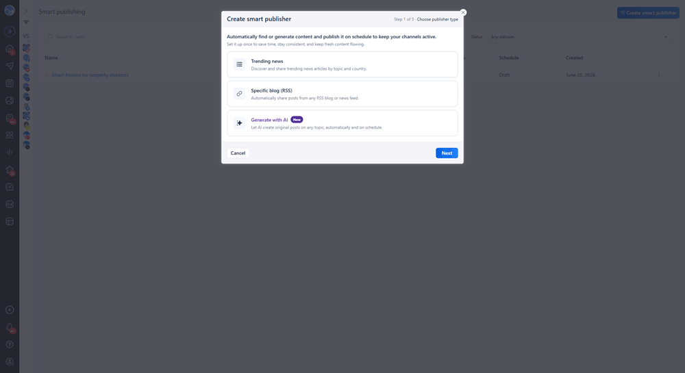 Vista Social Smart Publisher setup offering RSS, trending news, and AI options to automate social media content sourcing on a schedule.