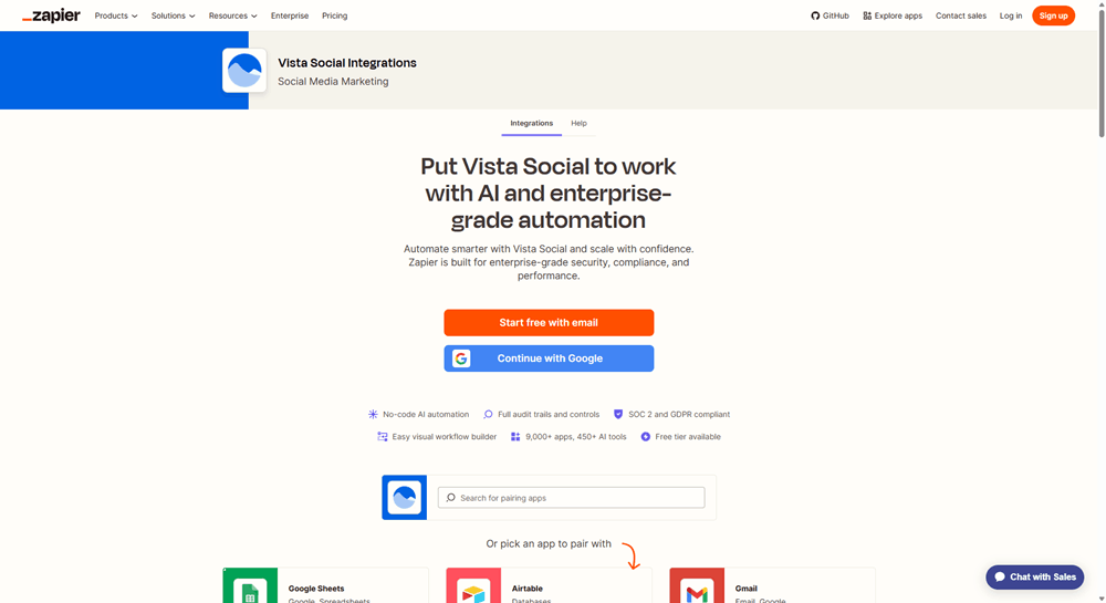 Zapier integration page for Vista Social social media automation, connecting to 9,000+ apps including Google Sheets, Airtable, and Gmail.