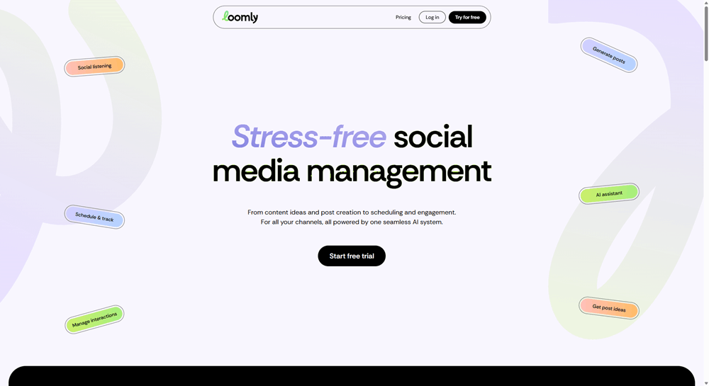 Loomly homepage showing stress-free social media management with scheduling and AI features.