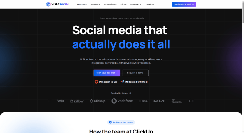 Vista Social homepage highlighting all-in-one social media management for teams.