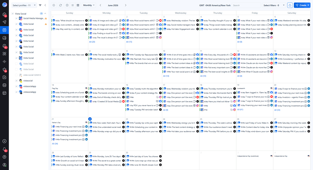 Vista Social content calendar showing scheduled posts across profiles in monthly view.
