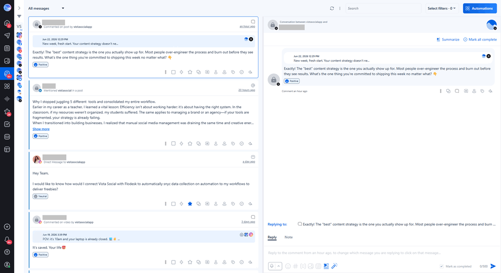 Vista Social unified inbox showing comments, mentions, and direct messages in one view.