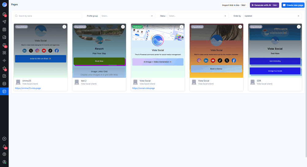 Vista Page link-in-bio tool showing customizable landing pages for different brands.