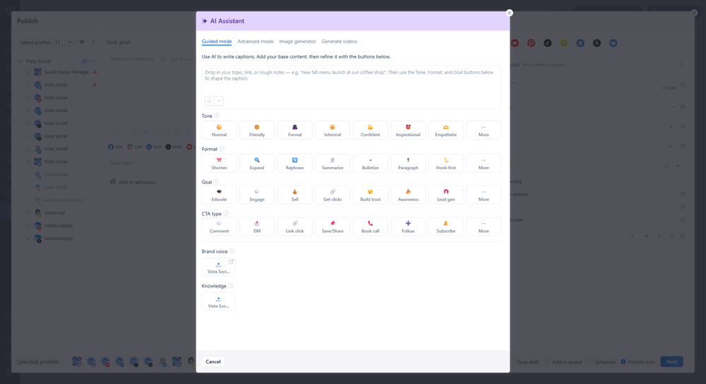 Vista Social AI Assistant generating captions with tone, format, and goal controls.