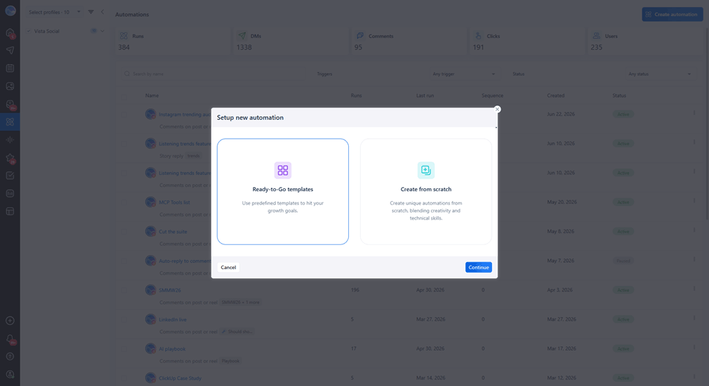Vista Social automation setup screen with ready-made templates and build-from-scratch options.