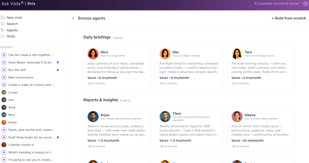 The Browse Agents panel in Ask Vista showing a grid of available AI assistants categorized under specific roles.