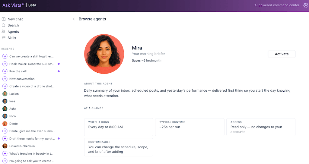 The profile configuration overview screen for Mira, an automated morning briefer agent inside Ask Vista.