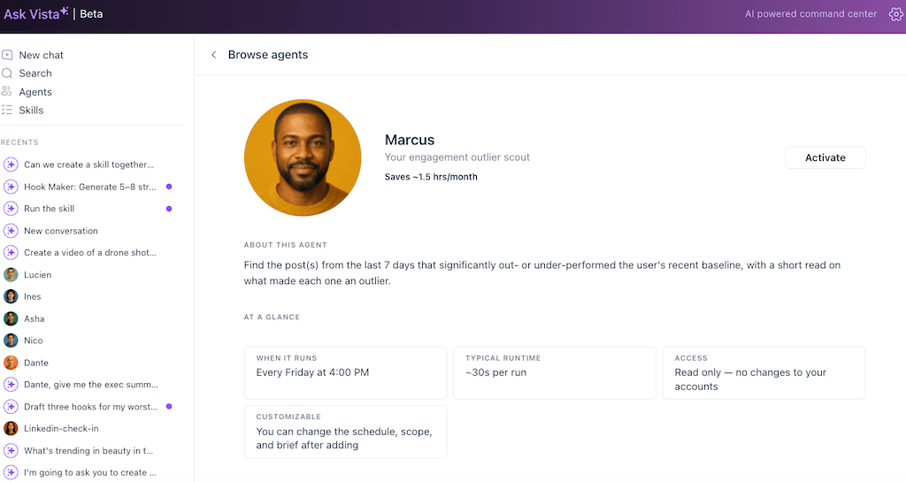 The profile and runtime settings page for Marcus, an engagement outlier scout agent within Ask Vista.