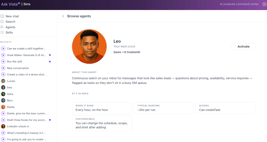 The active summary page for Leo, a lead scout assistant configured to watch continuous inbox sales messages.