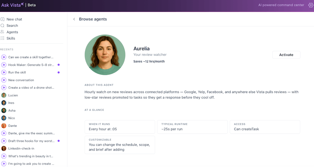 The individual agent dashboard details for Aurelia, an active review watcher monitoring connected networks.