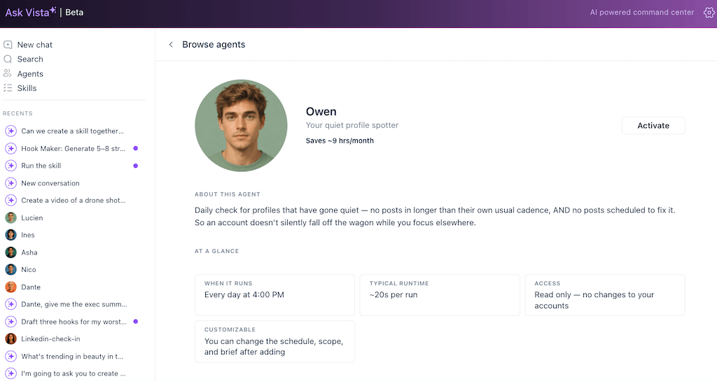 The overview screen for Owen, a quiet profile spotter agent that checks account posting consistency daily.