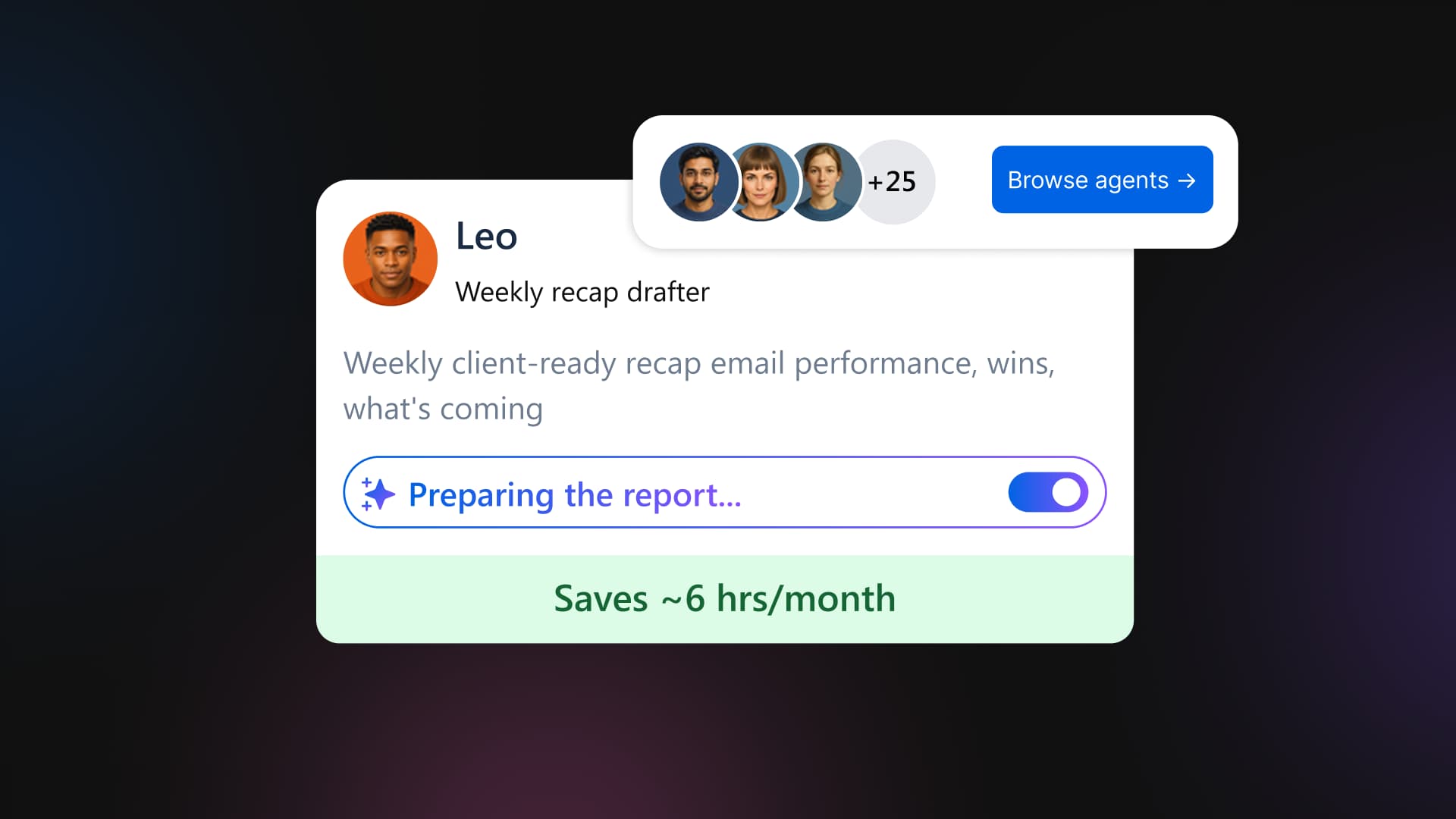 A close-up graphic of an AI agent card for Leo, a weekly recap drafter, beside a "Browse agents" button.