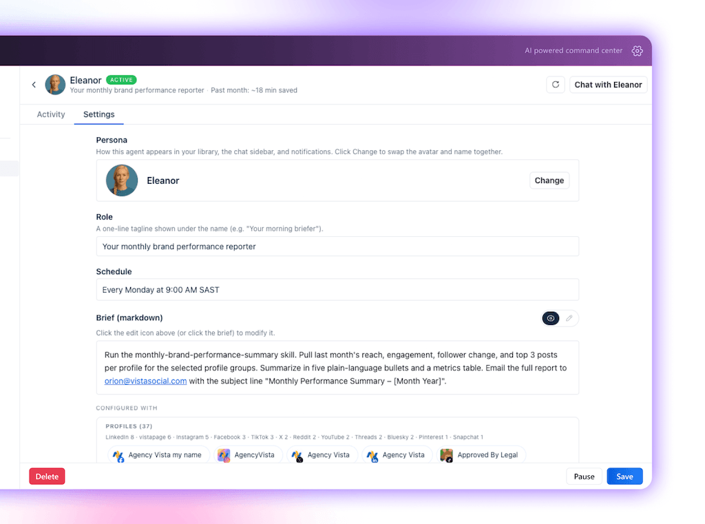 The settings panel for Eleanor, an active monthly brand performance reporter agent inside Ask Vista.