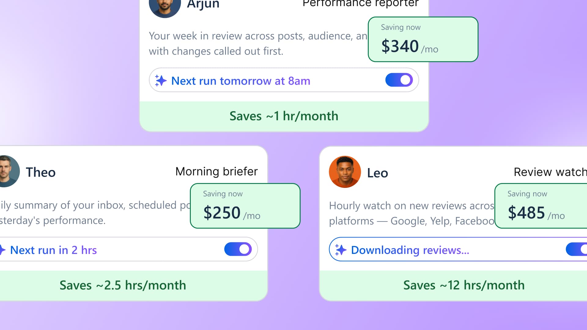 A card collage tracking monthly savings figures and time saved for the AI agents Arjun, Theo, and Leo.