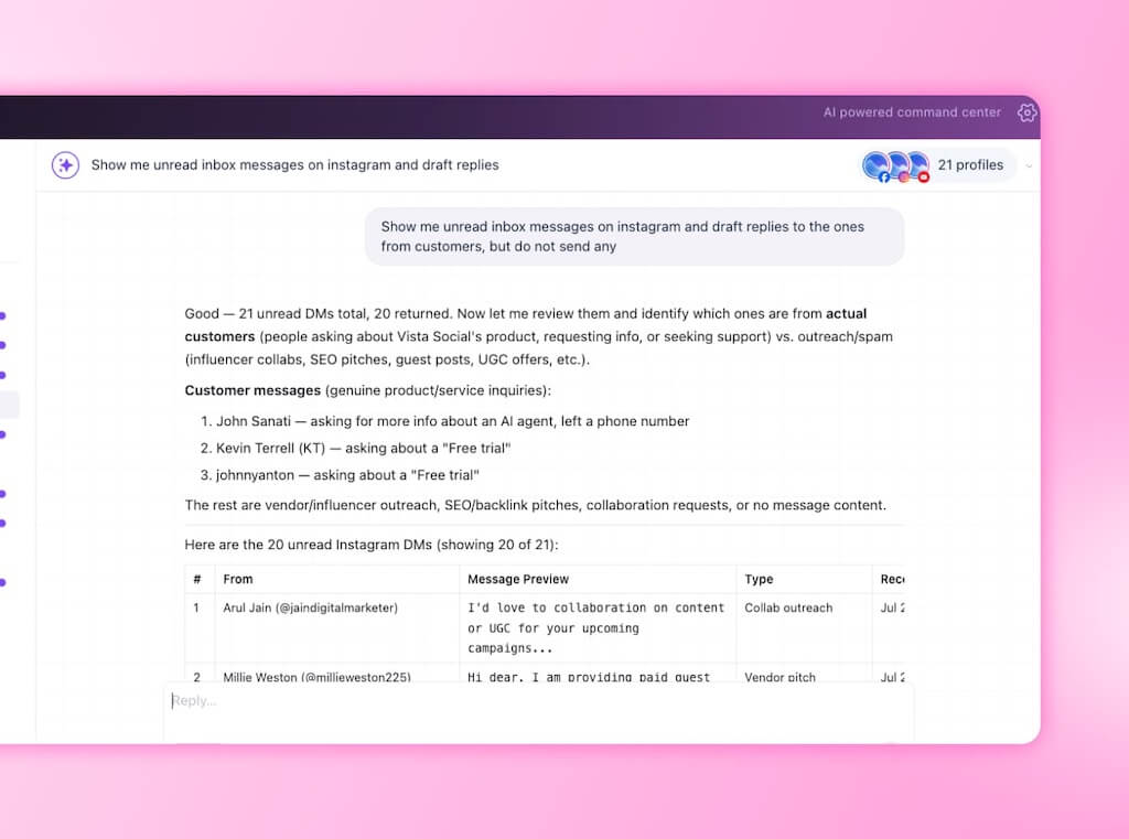 An Ask Vista chat session organizing unread Instagram direct messages into genuine customer inquiries versus promotional outreach.