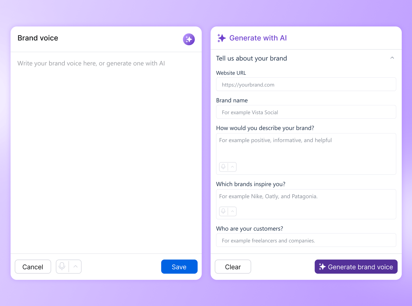 The Brand Voice configuration workspace featuring a text definition area and an AI setup questionnaire side-panel.