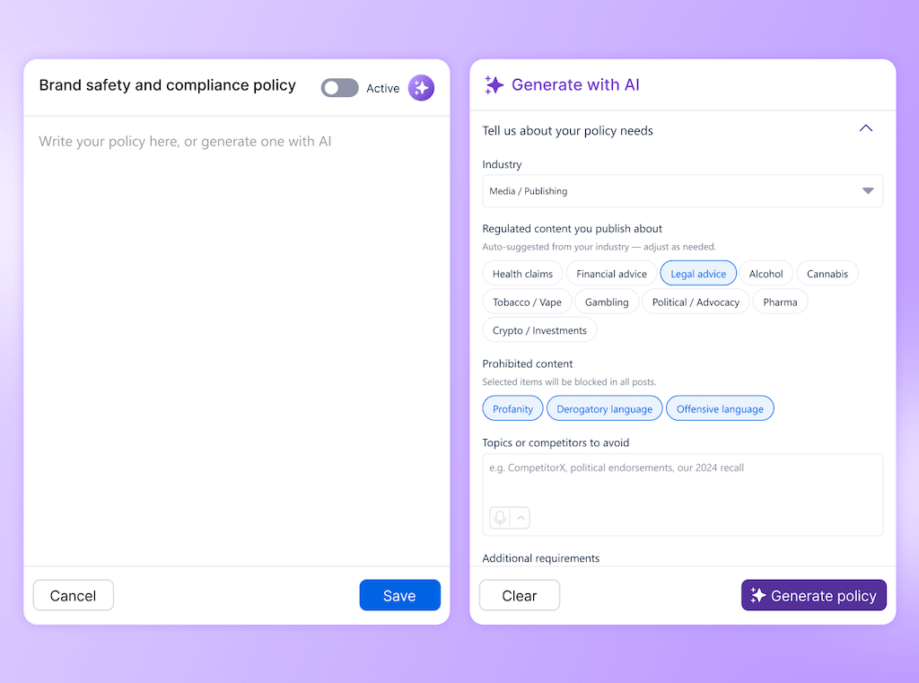 The Brand Safety and Compliance Policy panel displaying regulated content options and prohibited language filters.