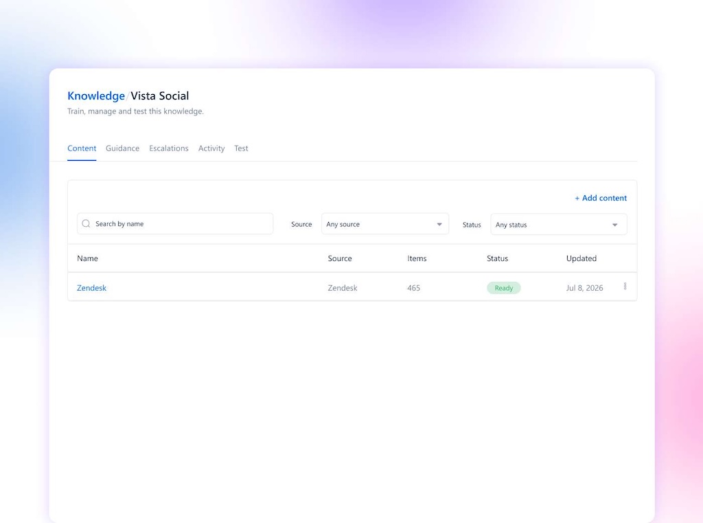 The AI Knowledge base training dashboard inside Vista Social listing connected data sources and sync status items.