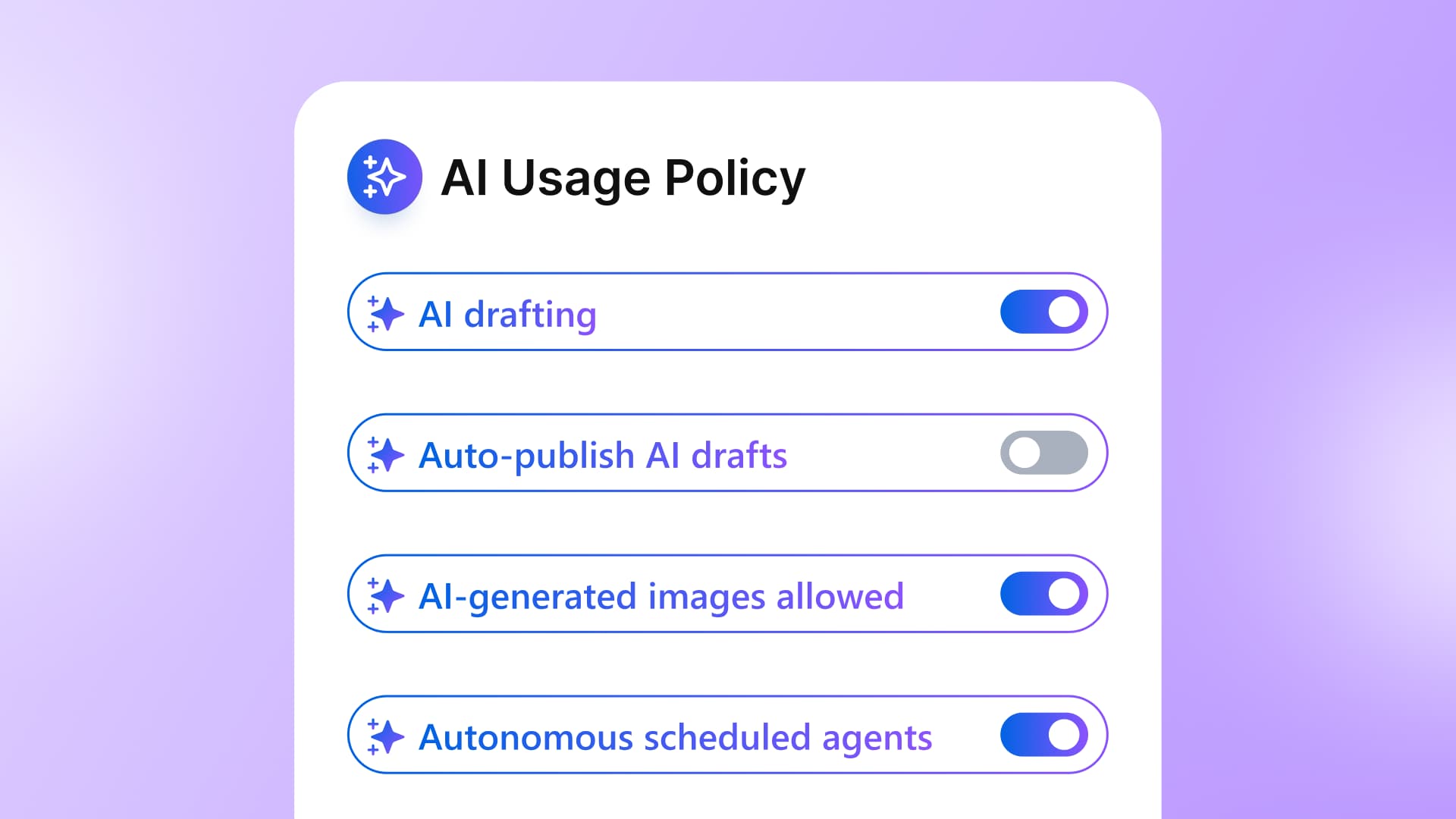 An AI Usage Policy settings card displaying toggle switches for drafting, auto-publishing, and autonomous agents.