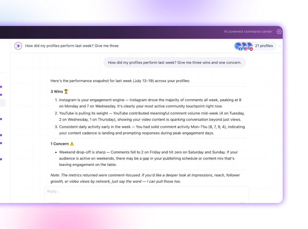 An Ask Vista chat breakdown summarizing weekly social profile performance into key wins and strategic concerns.
