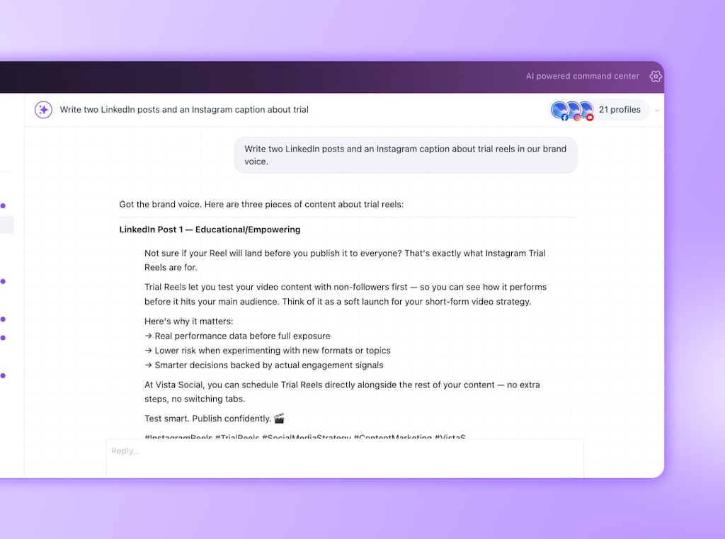 An Ask Vista conversation showcasing generated, brand-aligned content drafts for LinkedIn and Instagram posts.