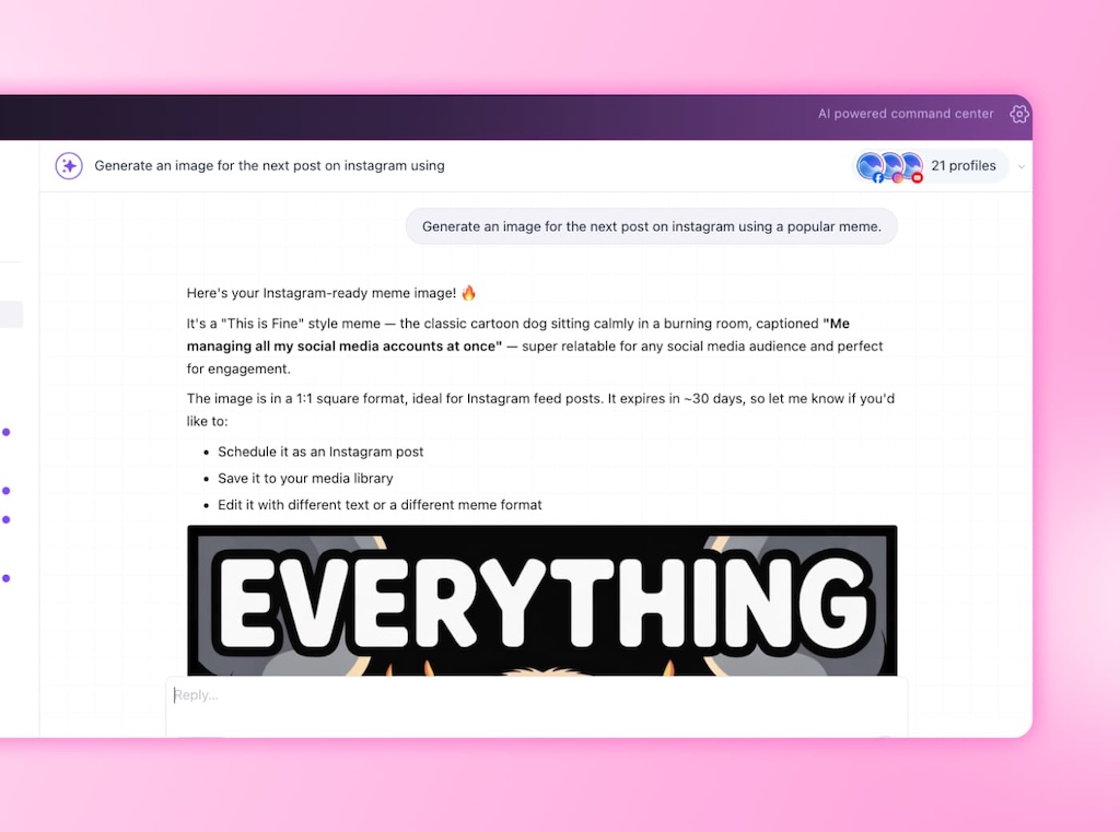 An Ask Vista chat thread presenting a generated social media meme image alongside options to schedule or edit it.