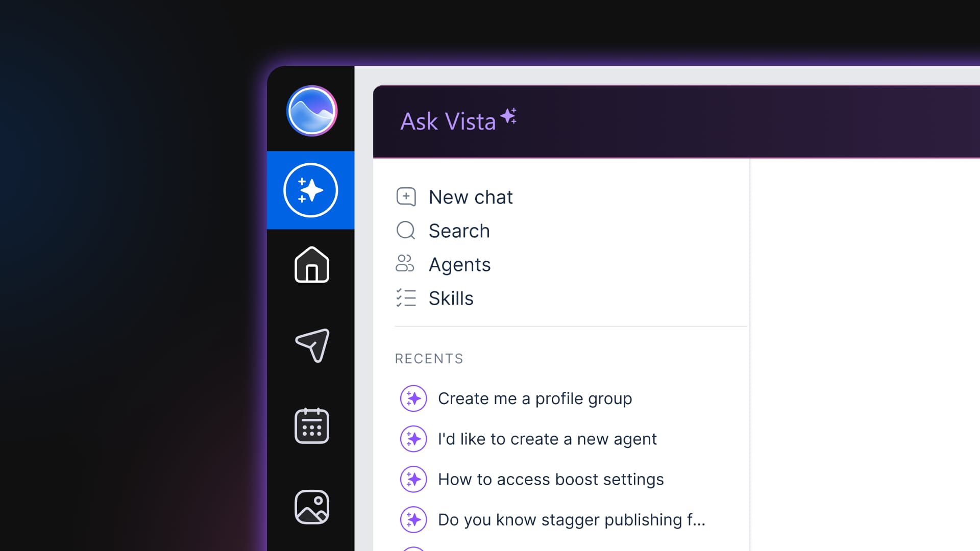A close-up view of the Ask Vista navigation sidebar highlighting options for new chats, search, agents, and skills.
