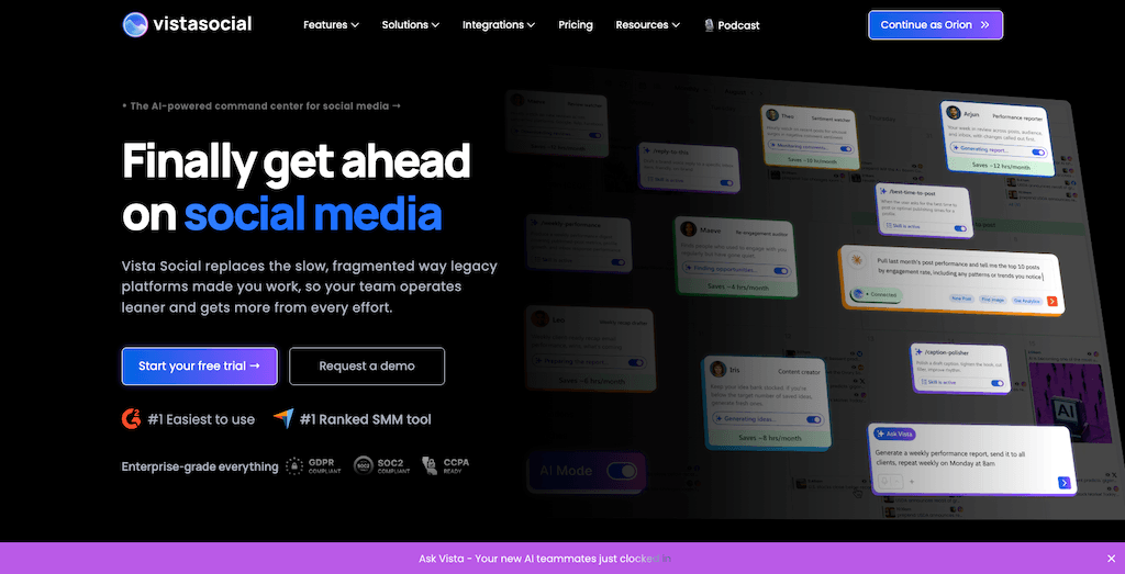 The homepage of Vista Social highlighting its position as an AI-powered social media command center.