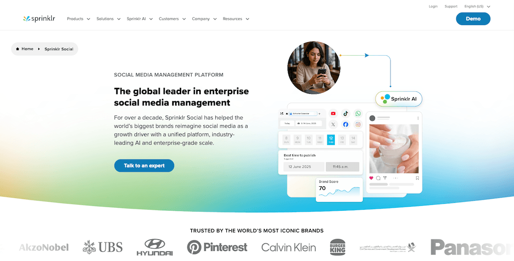 The homepage of Sprinklr promoting its global enterprise social media management platform and AI capabilities.