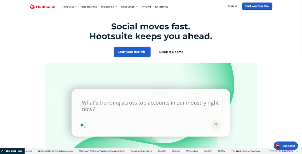The homepage of Hootsuite showcasing its social media management features and trending content prompt bar.