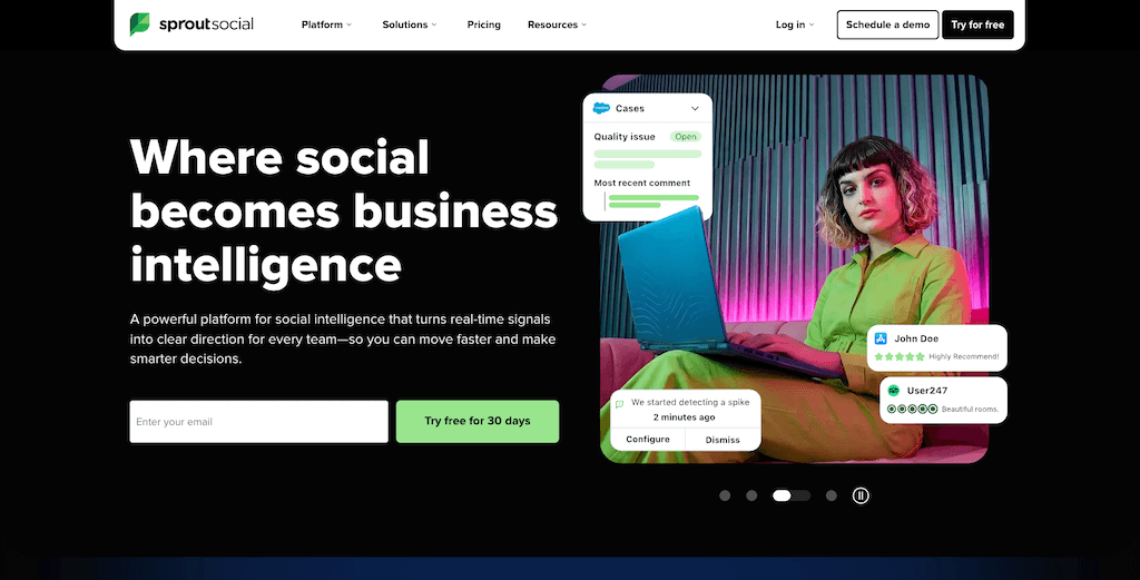 The homepage of Sprout Social emphasizing its social intelligence platform and business intelligence integrations.