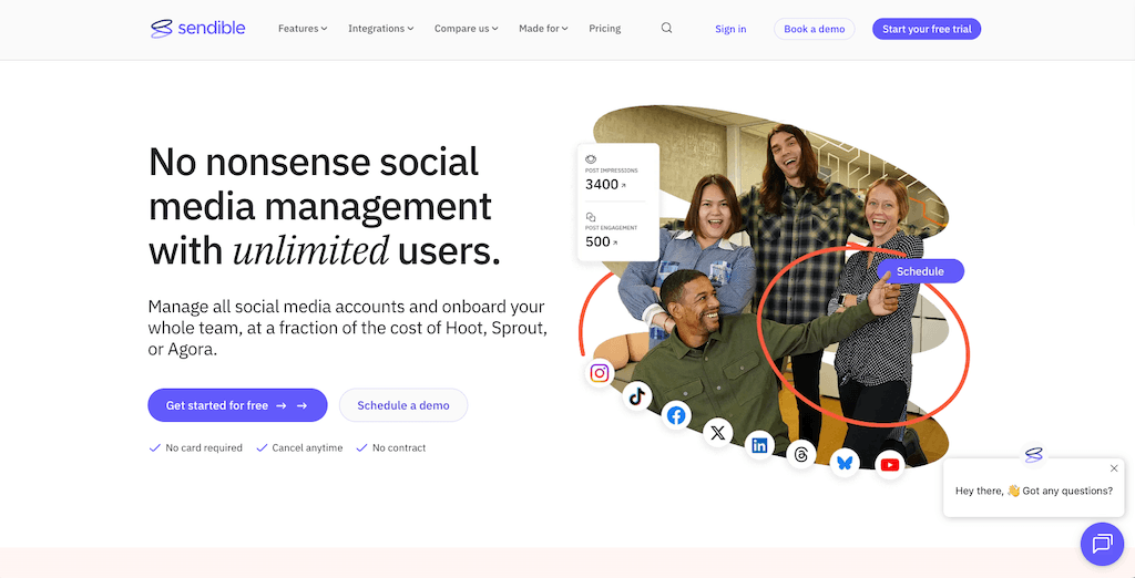 The homepage of Sendible highlighting affordable social media management with unlimited user access options.