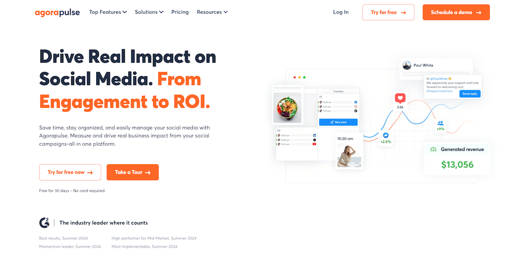 The homepage of Agorapulse showcases social media management tools focused on engagement tracking and ROI reporting.