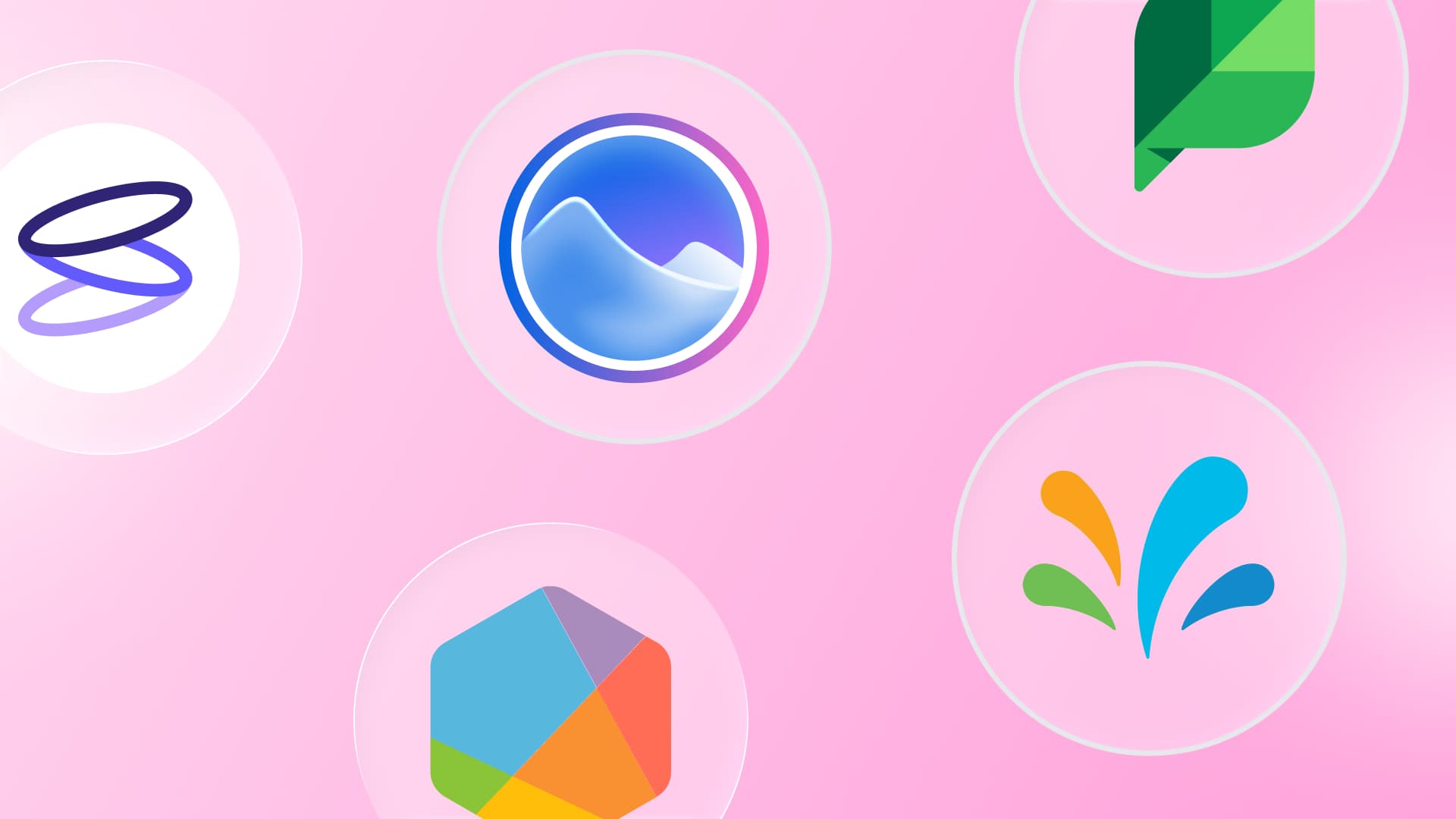 A graphical composition displaying circular brand logos of major social media management platforms against a pink backdrop.