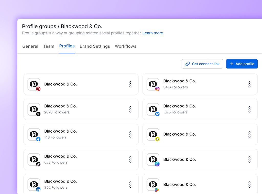 The Profile Groups management screen for Blackwood & Co. displaying a grid of connected social network profiles.
