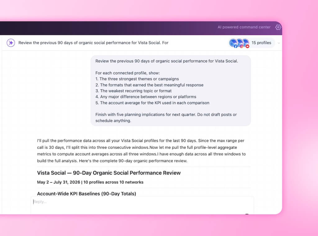 An Ask Vista chat window executing a 90-day organic performance review breakdown across 10 social profiles.