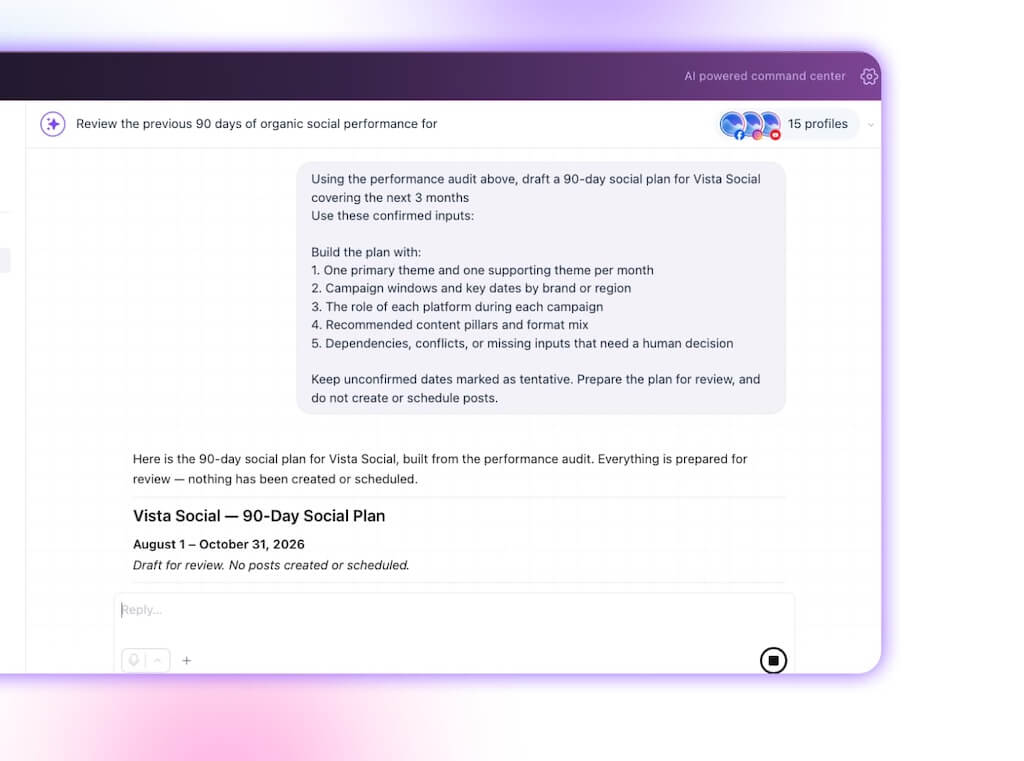 An Ask Vista response generating a draft 90-day social plan outlining themes, campaign windows, and platform roles.