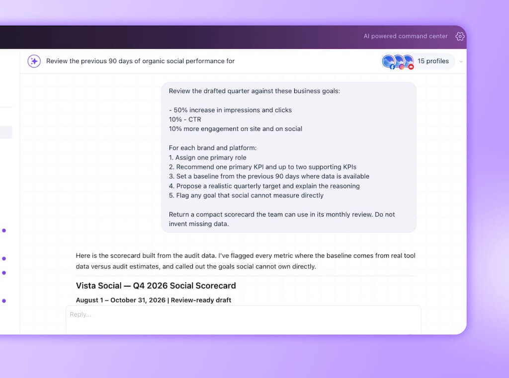 An Ask Vista scorecard draft mapping social media targets and performance baselines against overarching business goals.