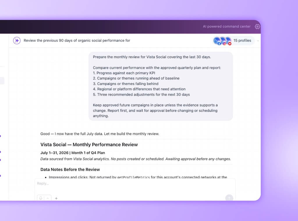 An Ask Vista chat thread compiling a monthly performance review comparing current metrics against approved quarterly targets.