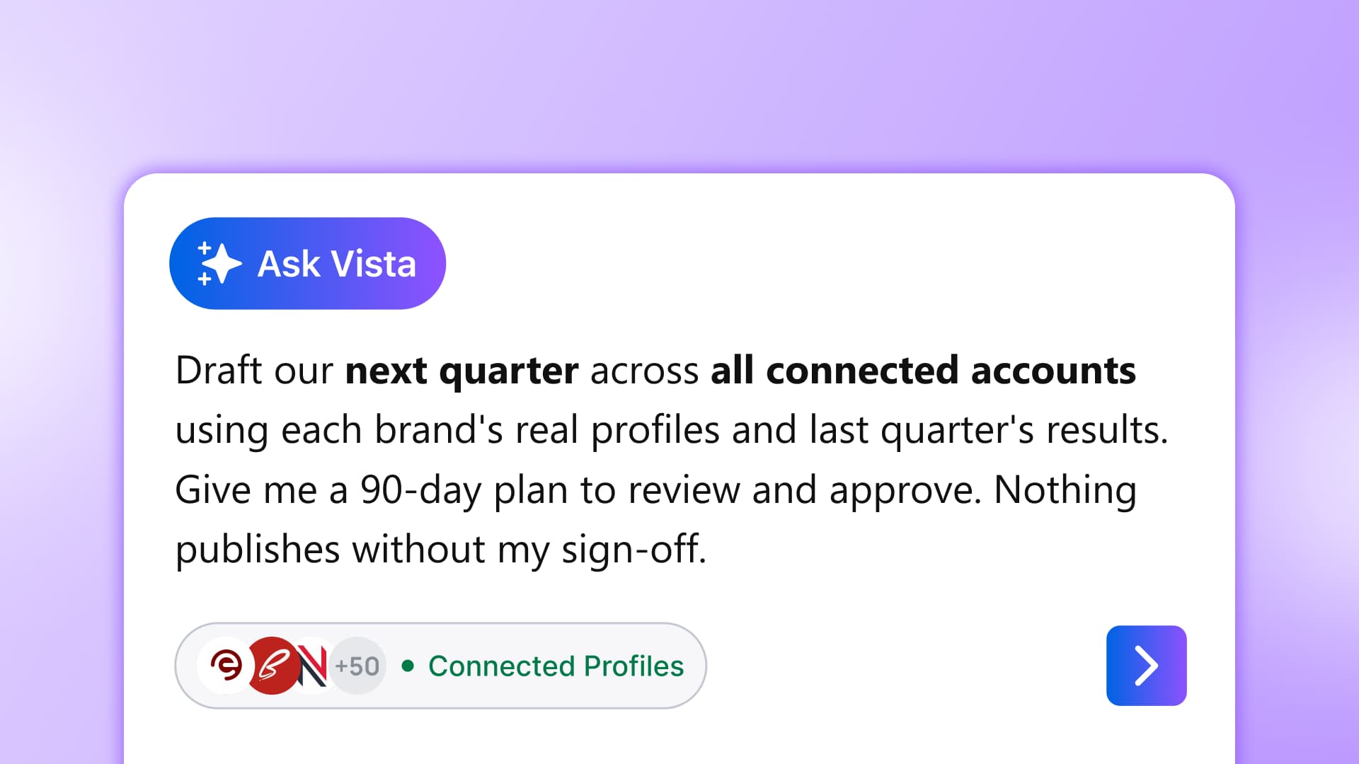 An Ask Vista prompt card requesting a comprehensive 90-day quarterly social plan across all connected accounts.