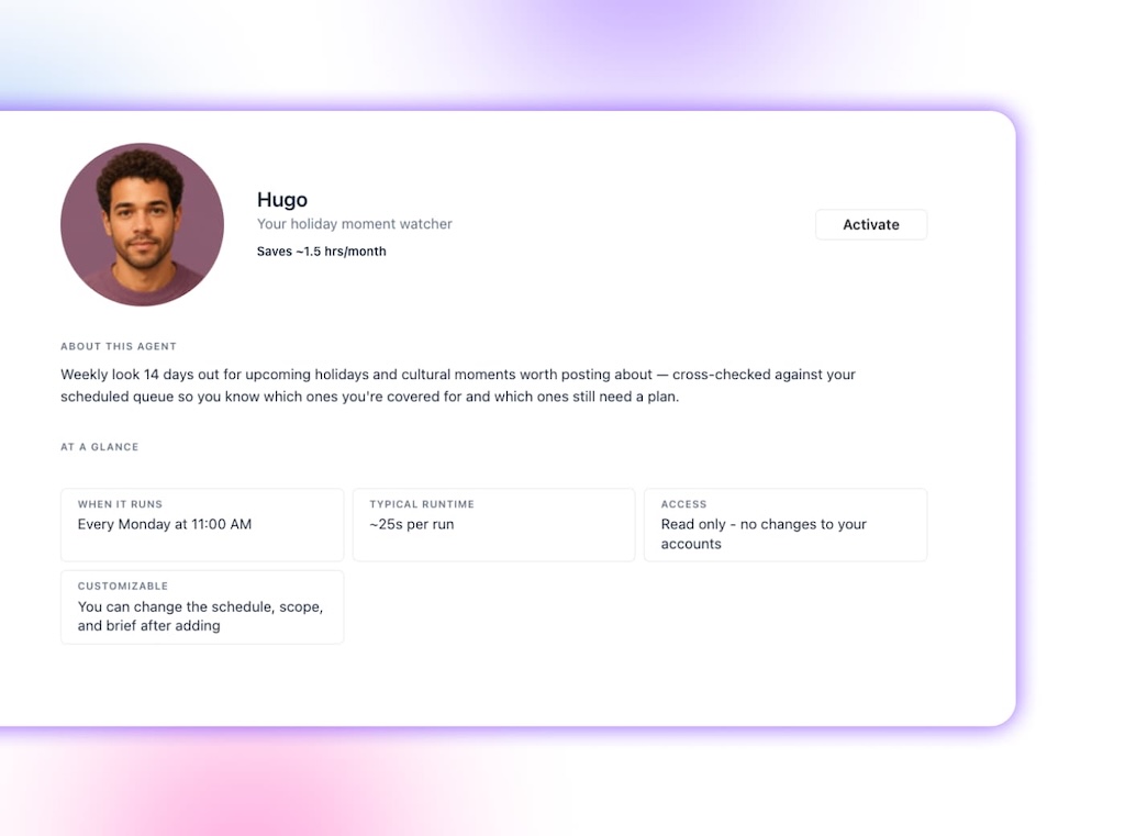 The agent settings display for Hugo, a holiday moment watcher that scans upcoming cultural dates and trends.