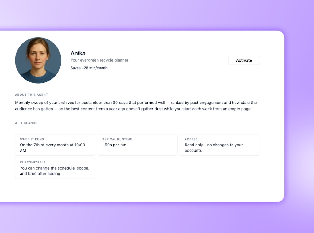 The profile configuration page for Anika, an evergreen recycle planner agent that identifies high-performing posts.