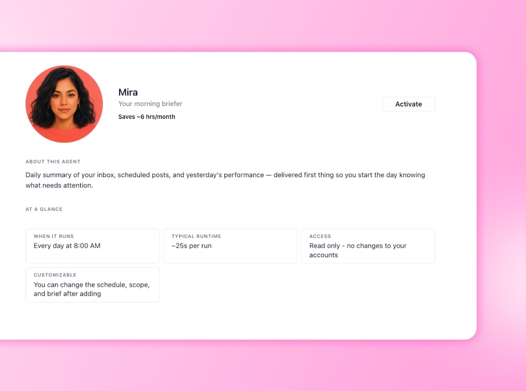 The agent configuration profile overview screen for Mira, a preset morning briefer assistant inside Ask Vista.
